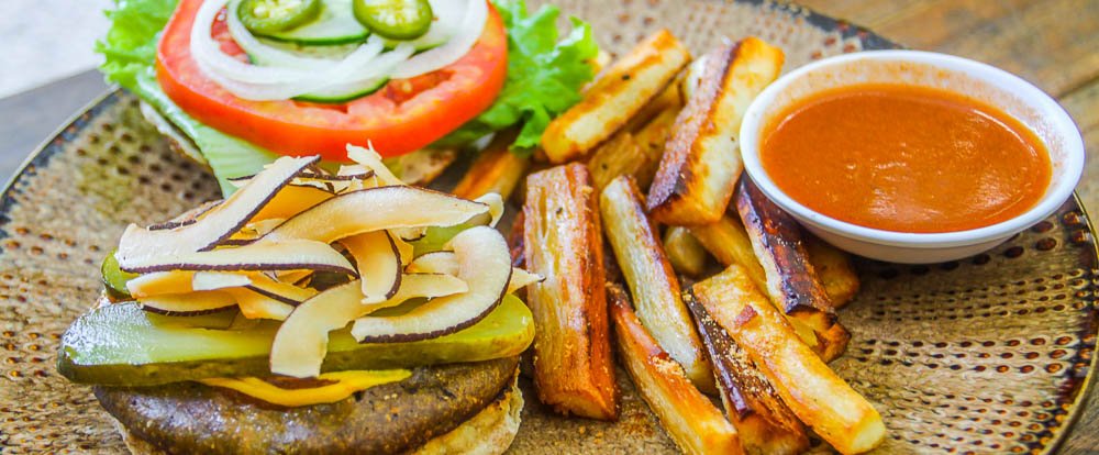 coconut bacon cheeseburger yucca fries luvburger 
 - Costa Rica