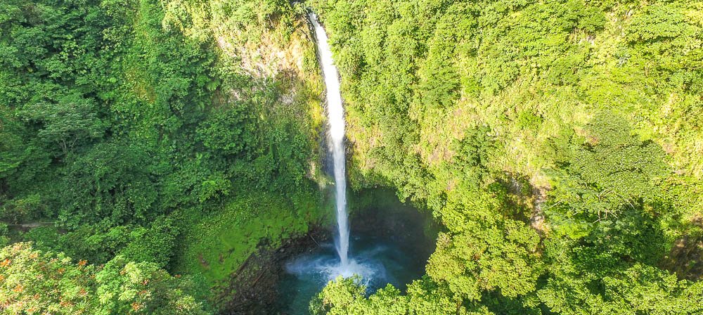 fortuna waterfall front aerial view with pond_
 - Costa Rica