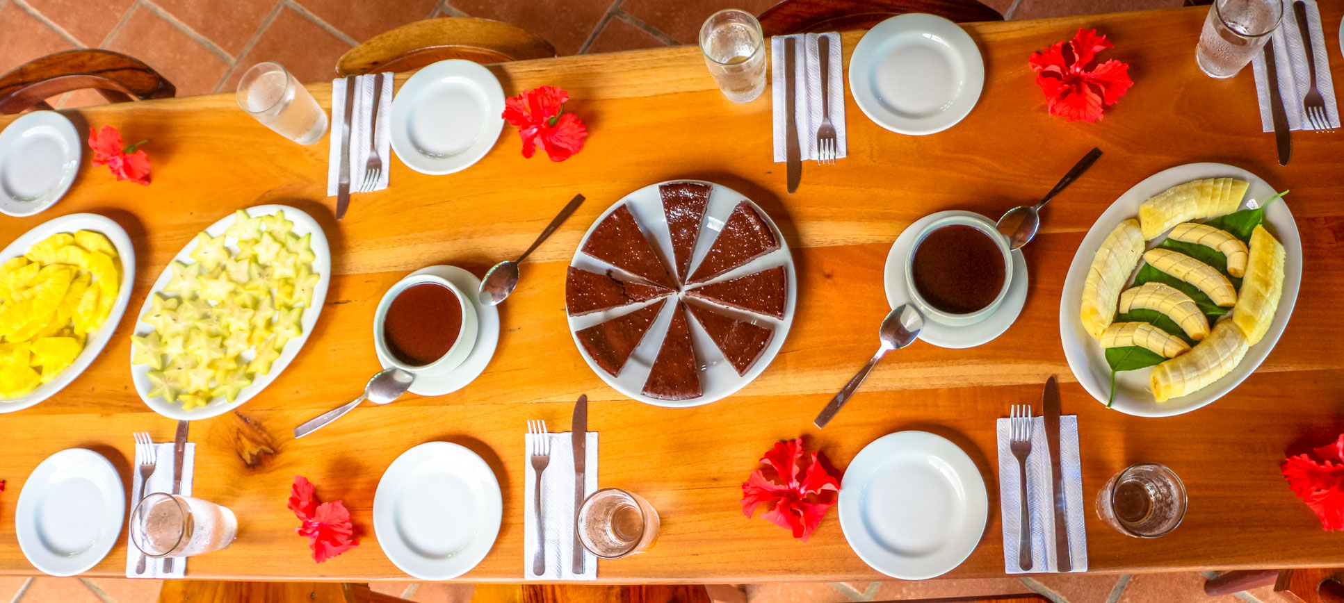 Aerial View Of Table And Food Set Up Finca Kobo Chocolate Tour