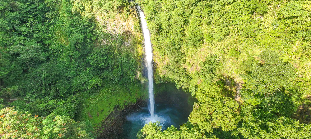 Fortuna Waterfall Front Aerial View With Pond