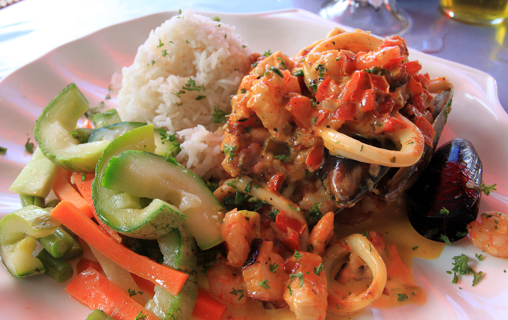 The mixed seafood plate at Mopri in Puerto Viejo